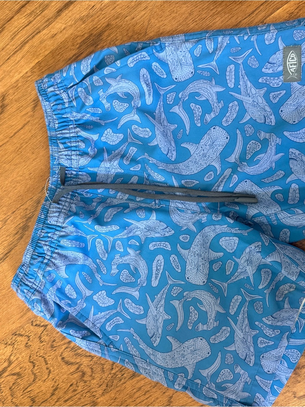 AFTCO Teal-Blue Shark Pattern Kids Swim Shorts